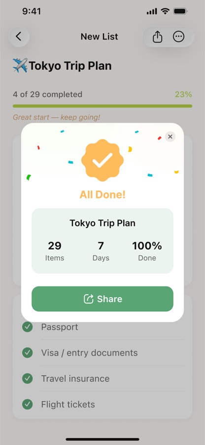 HolaList completion celebration screen